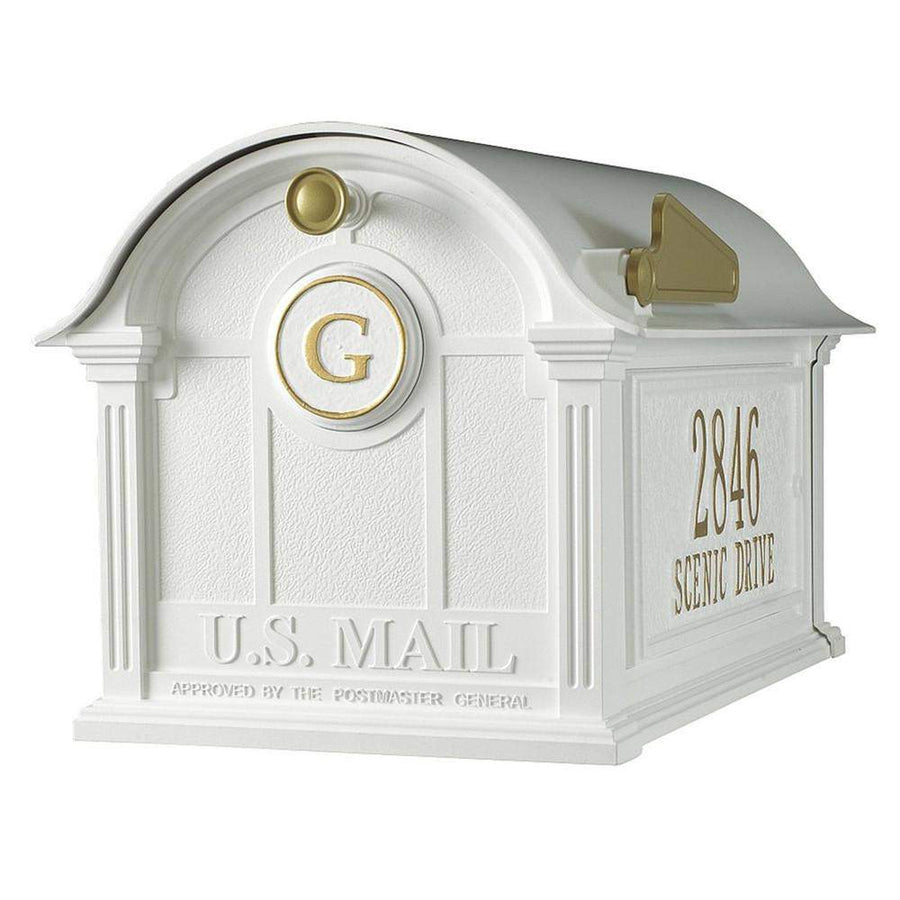 Whitehall Personalized Balmoral Post Mount Mailbox with Side Plaques and Monogram in White