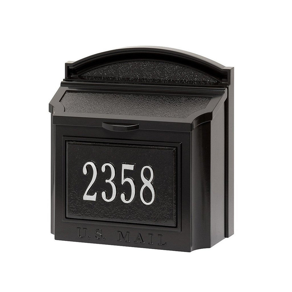 Whitehall Wall Mount Mailbox with customized address plaque in black and silver