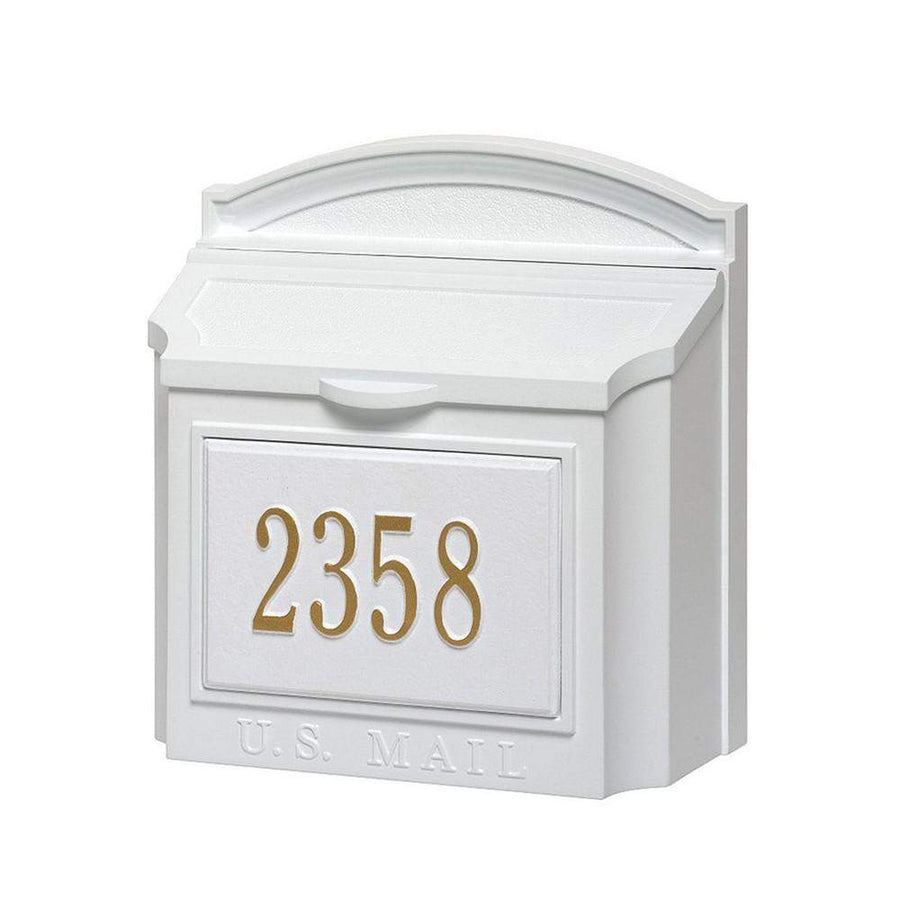 Whitehall Wall Mount Mailbox with customized address plaque in white and gold