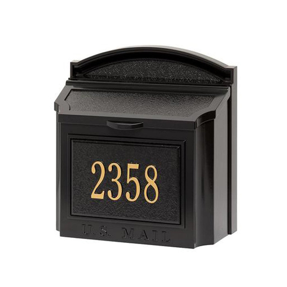 Whitehall Wall Mount Mailbox with customized address plaque in black and gold